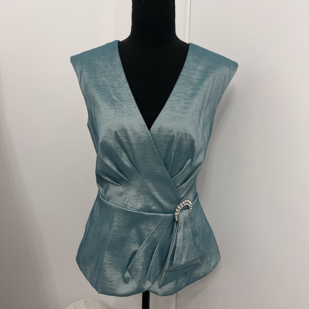 Alex Evenings Green Wrap Blouse with Asymmetrical Design